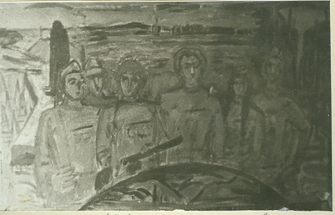 Однополчане. 1-я версия. Конец 1950-х. Фреска. Фа 1, 124