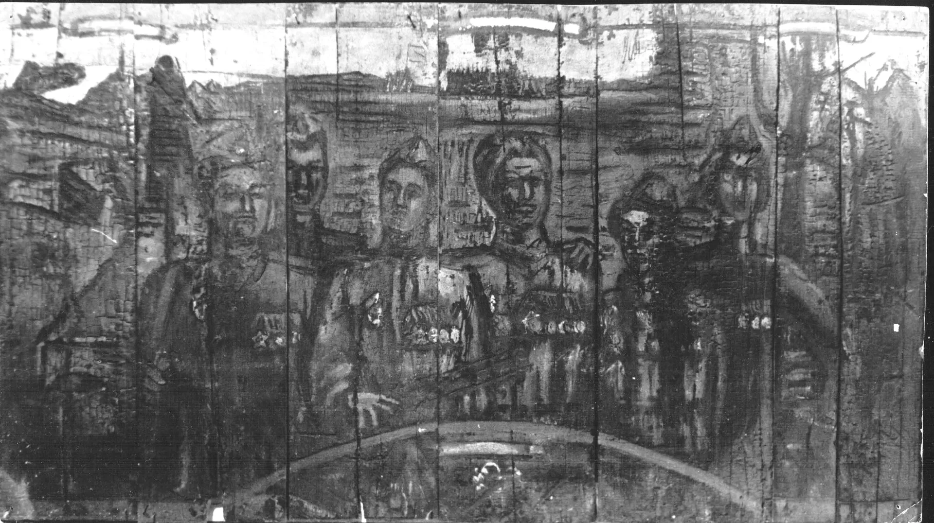 Однополчане. 1960. Темперная роспись по жженым доскам.