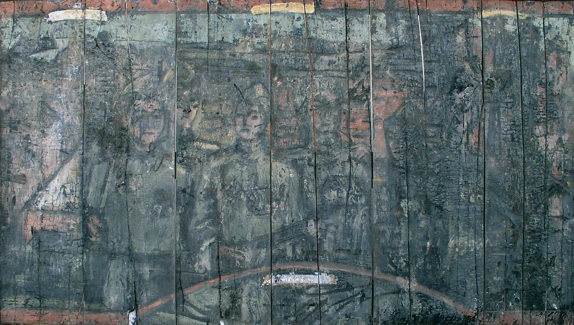 Однополчане. 1958-1959. Дерево жженое, энкаустика. 120х299